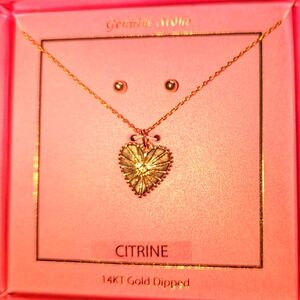 NIB,Genuine Stone Citrine, Heart Necklace W/14k Dipped Earrings In A Gift box
